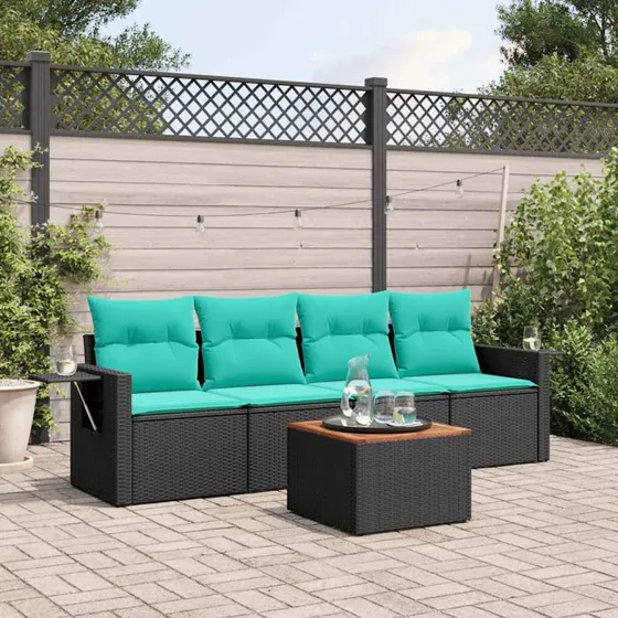 vidaXL Havesofasæt 5 dele sort polyrattan med blå hynder