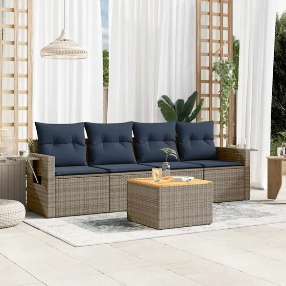 vidaXL Havesofasæt 5 dele grå polyrattan med hynder