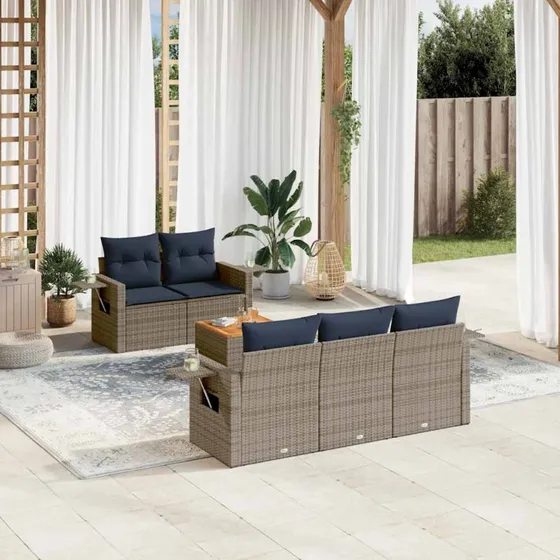 vidaXL Havesofasæt 6 dele grå polyrattan med hynder