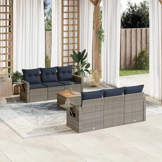 vidaXL Havesofasæt 7 dele grå polyrattan med marineblå hynder