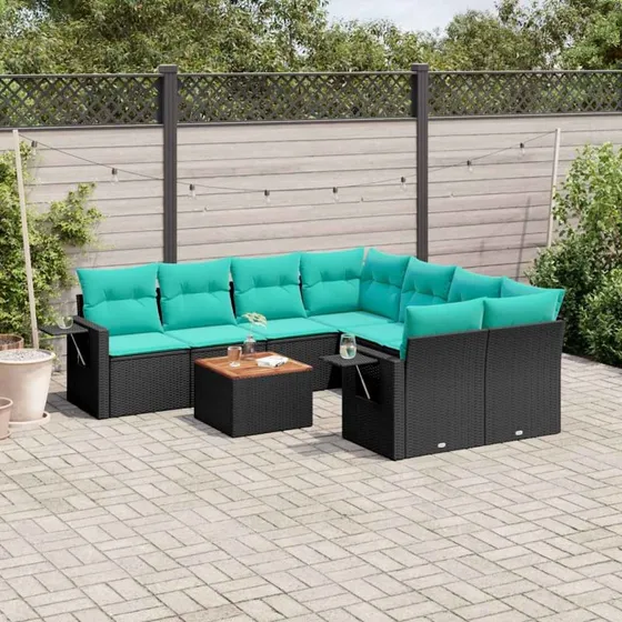 vidaXL havesofasæt 9 dele sort polyrattan med blå hynder