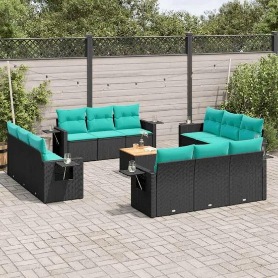 vidaXL 13-delt havesofasæt sort polyrattan med blå hynder
