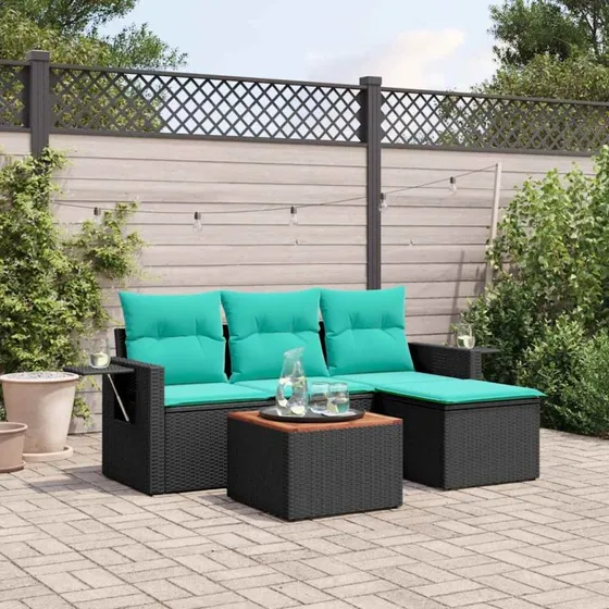 vidaXL havesofasæt 5 dele sort polyrattan med hynder