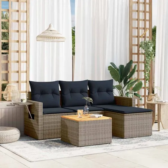 vidaXL Havesofasæt 5 dele grå polyrattan med marineblå hynder