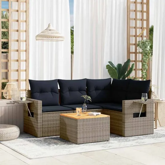 vidaXL Havesofasæt 5 dele grå polyrattan med marineblå hynder