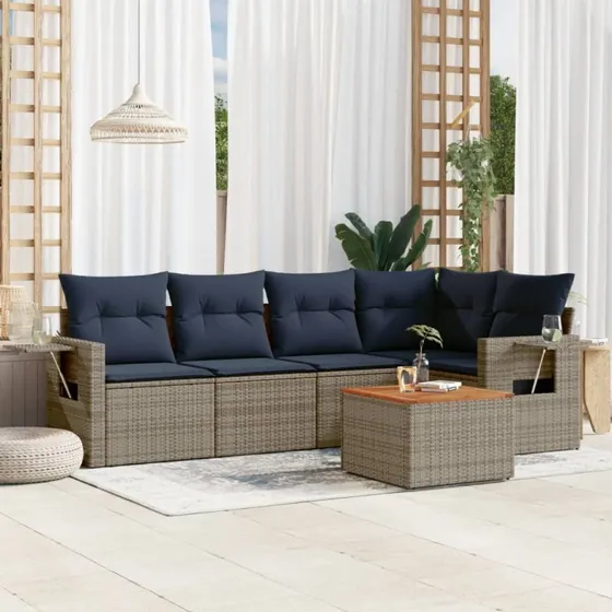 vidaXL Havesofasæt 6 dele grå polyrattan med marineblå hynder