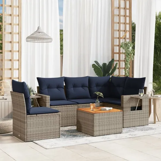 vidaXL Havesofasæt 6 dele grå polyrattan med marineblå hynder