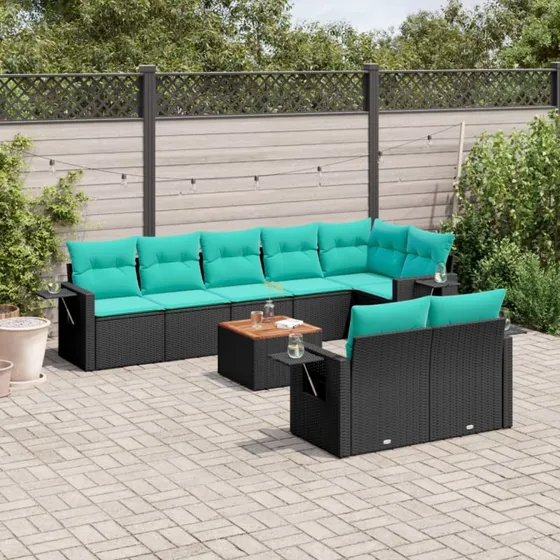 vidaXL havesofasæt 9 dele sort polyrattan med blå hynder
