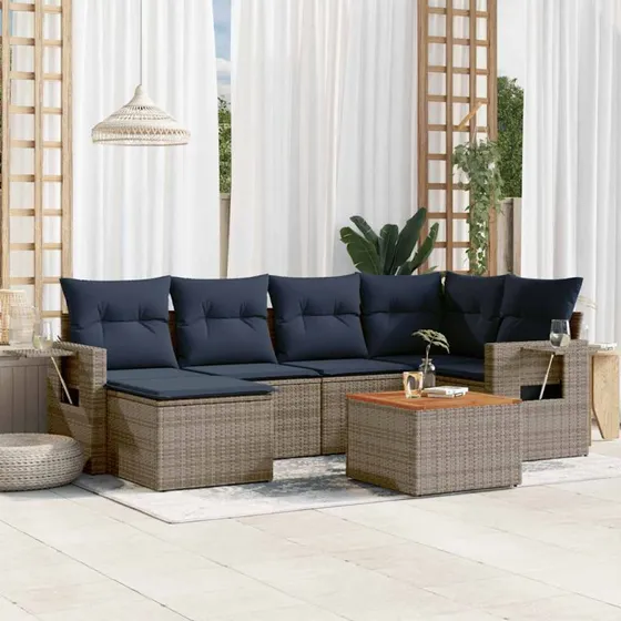vidaXL Havesofasæt 7 dele grå polyrattan med marineblå hynder