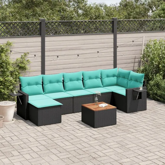 vidaXL 8-delt havesofasæt sort polyrattan med blå hynder