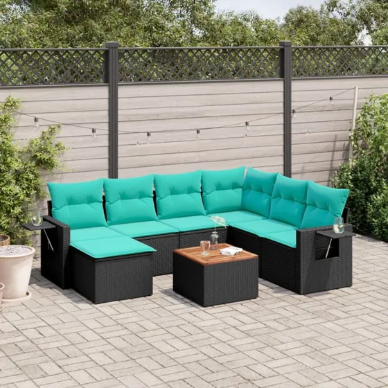 vidaXL 8-delt havesofasæt sort polyrattan med hynder