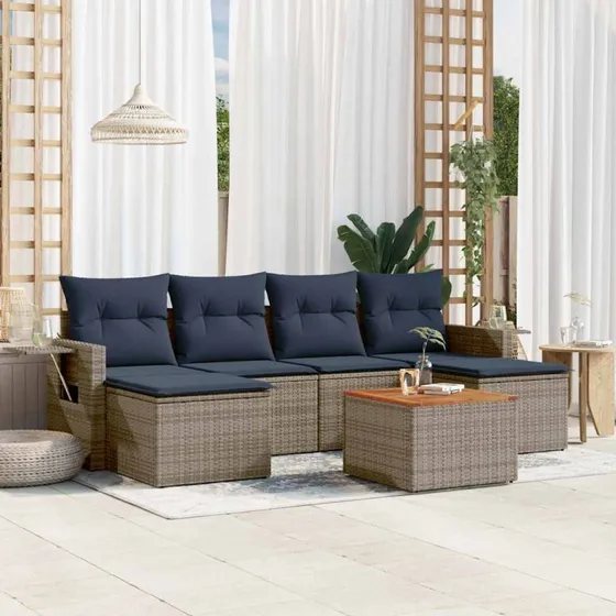 vidaXL Havesofasæt 7 dele grå polyrattan med marineblå hynder