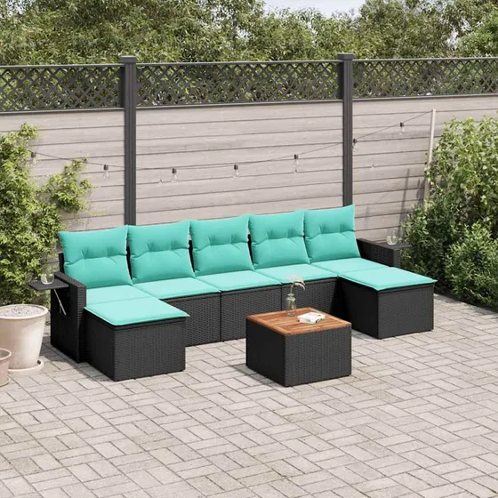 vidaXL 8-delt havesofasæt sort polyrattan med blå hynder