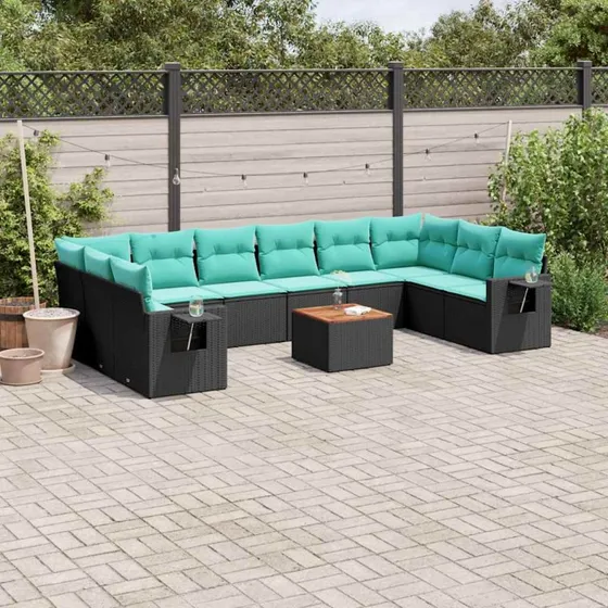 vidaXL 11-delt havesofasæt sort polyrattan med hynder