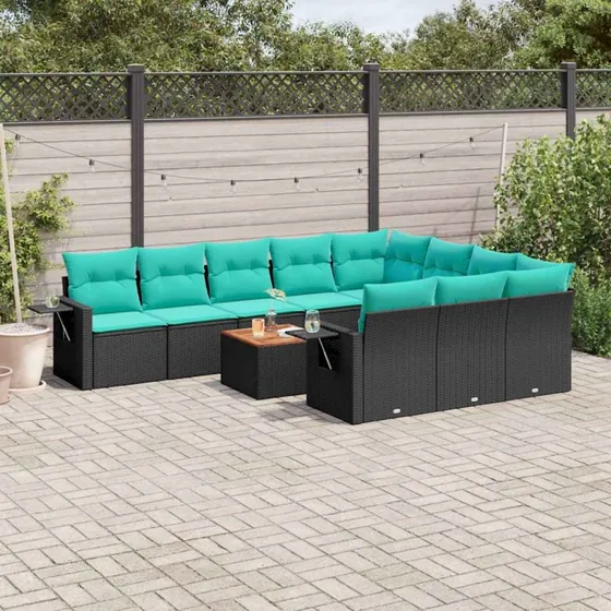 vidaXL 11-delt havesofasæt sort polyrattan med blå hynder
