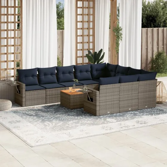 vidaXL 11-delt havesofasæt grå polyrattan med marineblå hynder