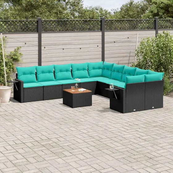vidaXL 11-delt havesofasæt sort polyrattan med blå hynder