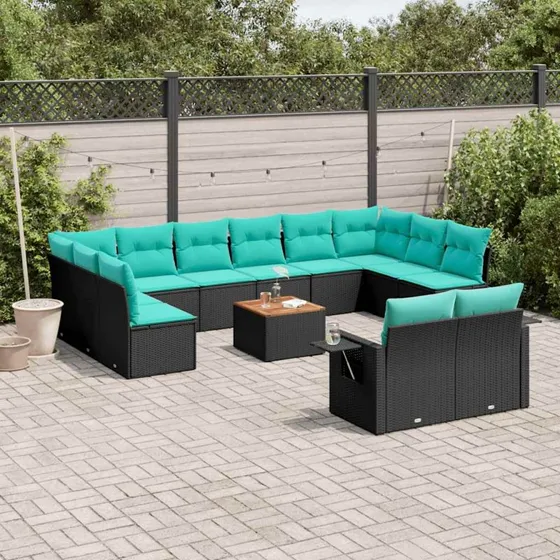 vidaXL 13-delt havesofasæt sort polyrattan med blå hynder