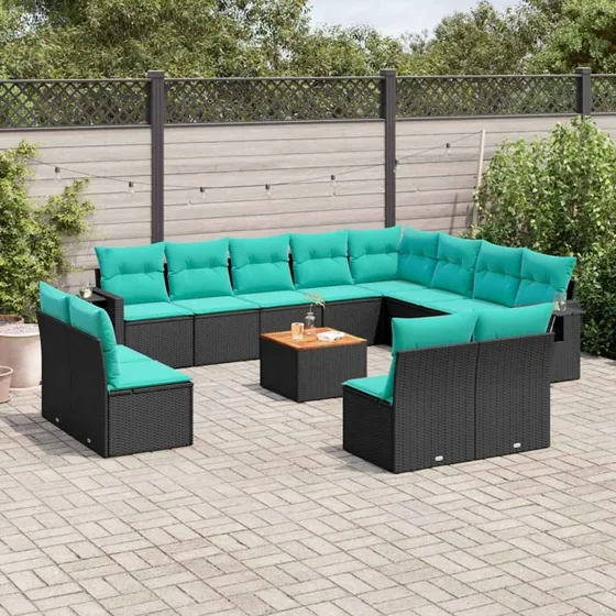 vidaXL 13-delt havesofasæt sort polyrattan med blå hynder