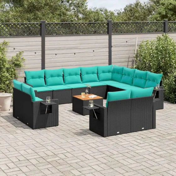 vidaXL 13-delt havesofasæt sort polyrattan med blå hynder