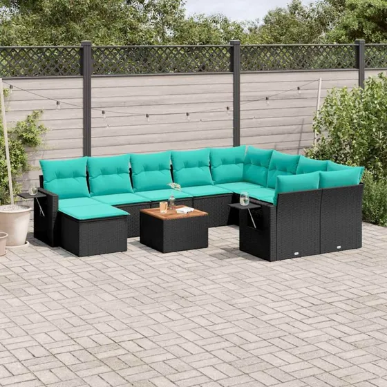 vidaXL 11-delt havesofasæt sort polyrattan med blå hynder