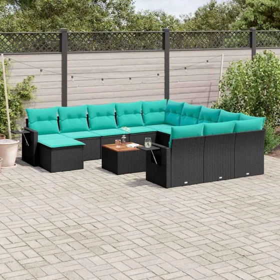 vidaXL 13-delt havesofasæt sort polyrattan med blå hynder