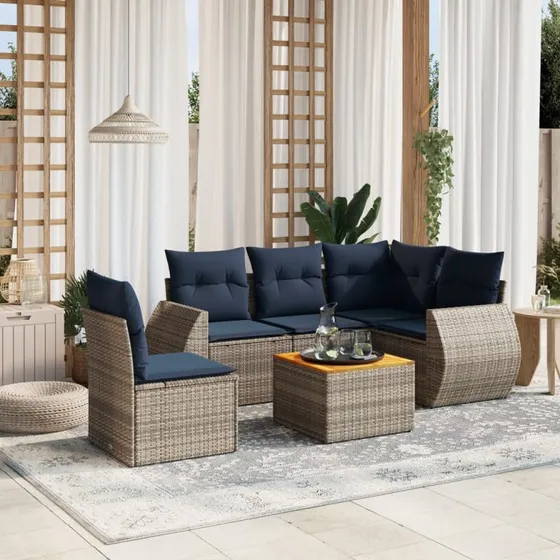 vidaXL Havesofasæt 6 dele grå polyrattan med hynder