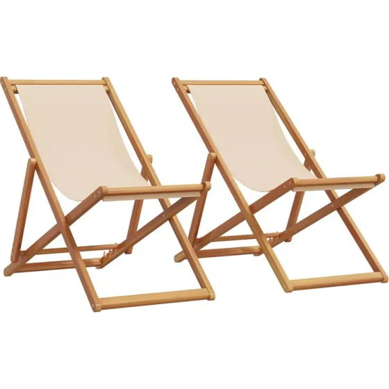 vidaXL Strandstole 2 stk. foldbar, stof & massivt eukalyptustræ, beige