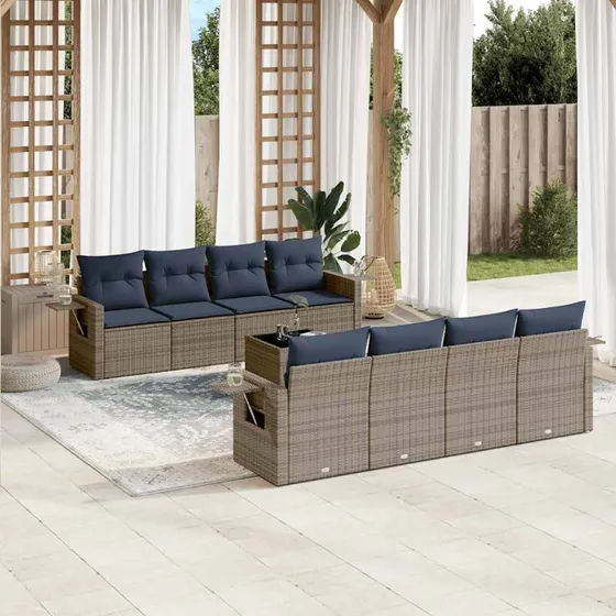 vidaXL havesofasæt 9 dele grå polyrattan med glasbord