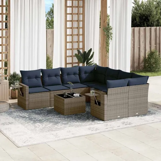 vidaXL 9-del havesofasæt grå polyrattan med marineblå hynder