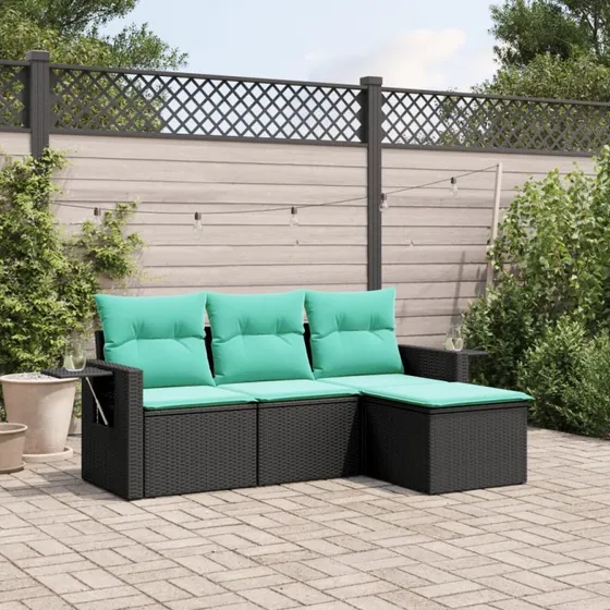 vidaXL havesofasæt 4 dele sort polyrattan med blå hynder