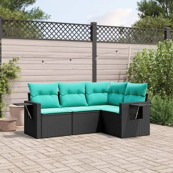 vidaXL havesofasæt 4 dele sort polyrattan med blå hynder