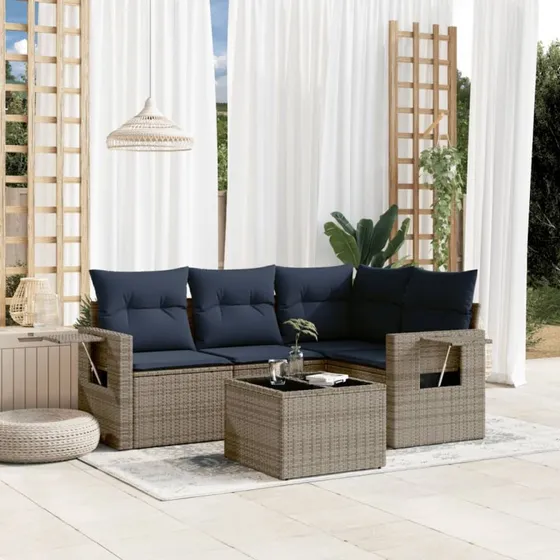 vidaXL Havesofasæt 5 dele grå polyrattan med glasbord