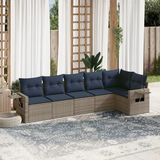vidaXL Havesofasæt 6 dele grå polyrattan med hynder