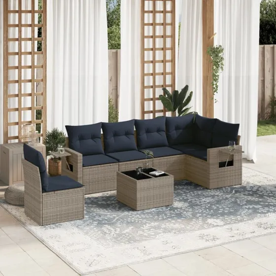 vidaXL Havesofasæt 7 dele grå polyrattan med glasbord