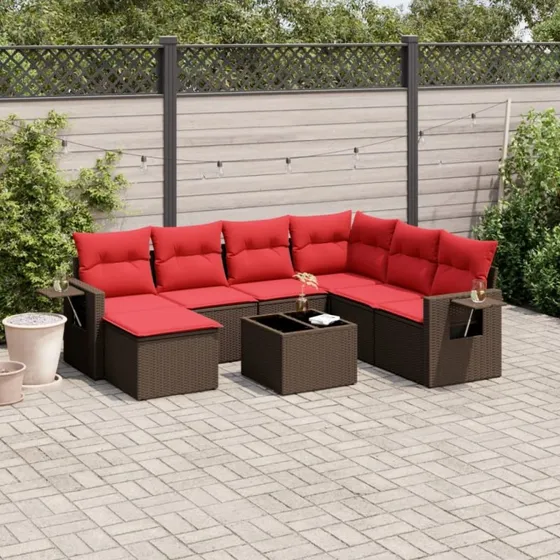 vidaXL 8-delt havesofasæt brun polyrattan med røde hynder