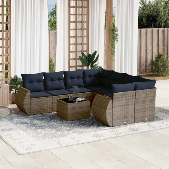 vidaXL havesofasæt 9 dele grå polyrattan med glasbord