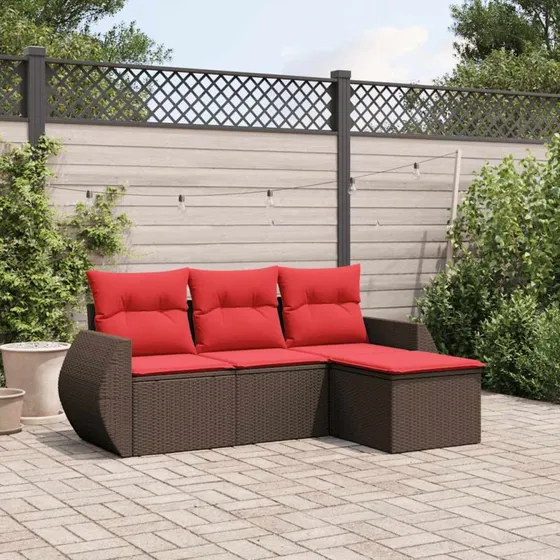 vidaXL Havesofasæt 4 dele brun polyrattan med røde hynder
