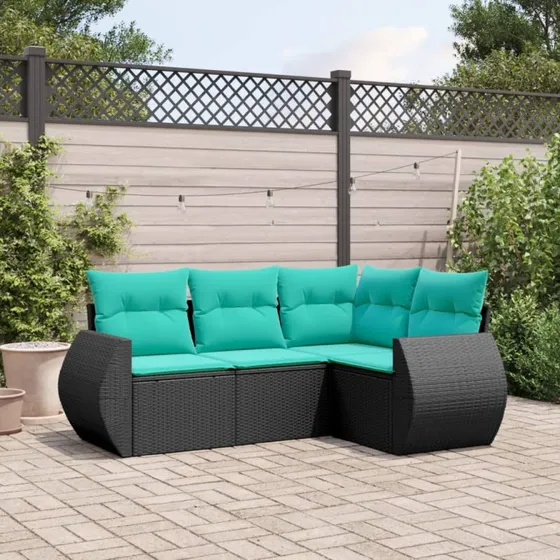 vidaXL havesofasæt 4 dele sort polyrattan med blå hynder