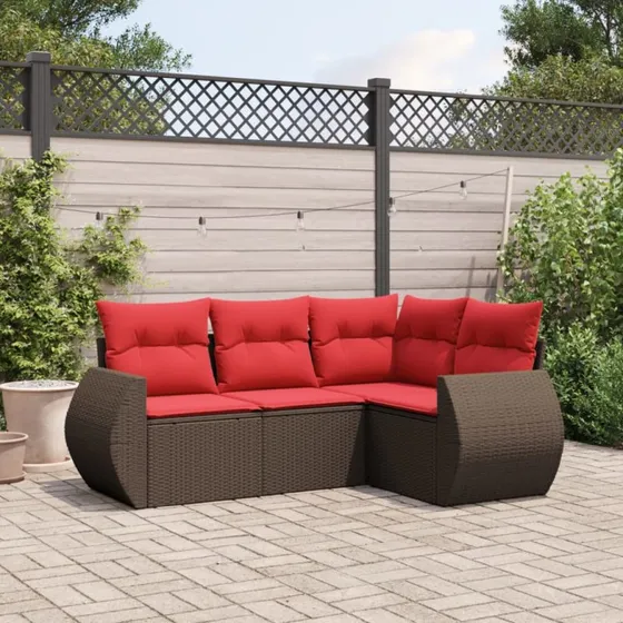 vidaXL Havesofasæt 4 dele brun polyrattan med røde hynder