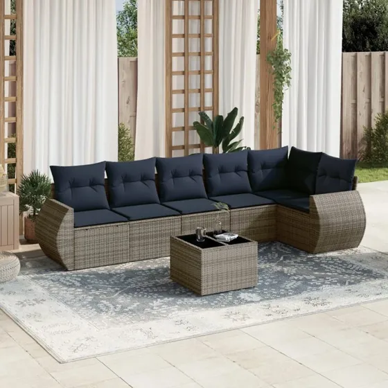 vidaXL Havesofasæt 7 dele grå polyrattan med glasbord