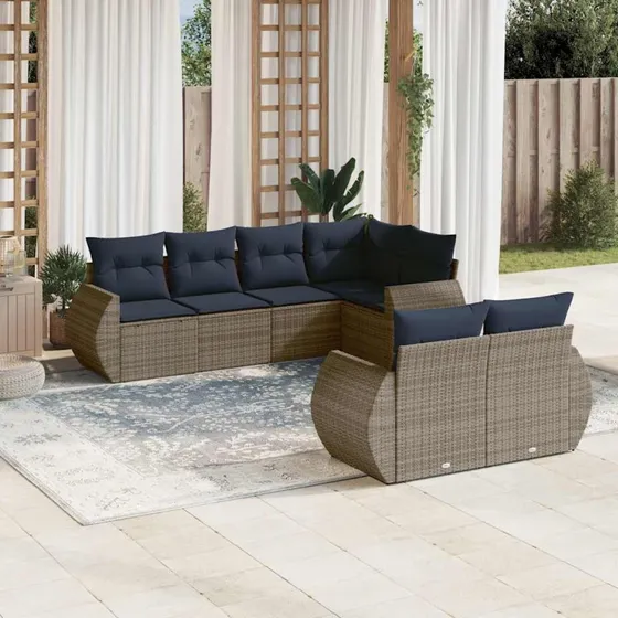 vidaXL Havesofasæt 7 dele grå polyrattan med marineblå hynder