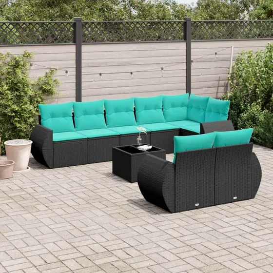 vidaXL havesofasæt 9 dele sort polyrattan med blå hynder