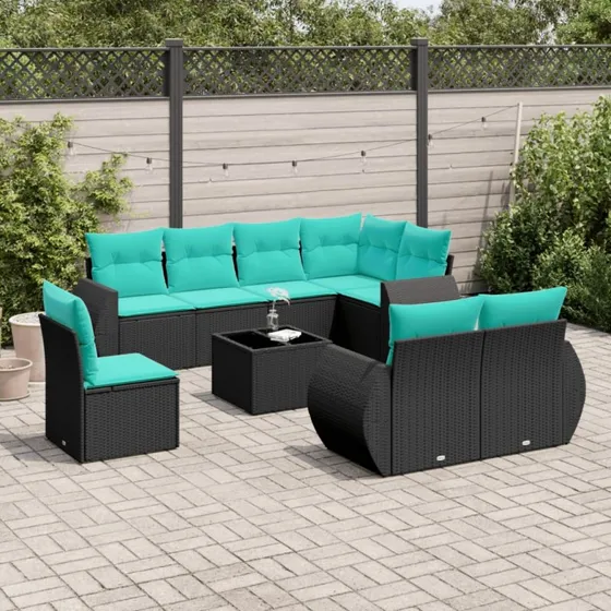 vidaXL havesofasæt 9 dele sort polyrattan med glasbord