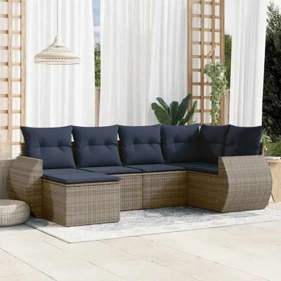 vidaXL Havesofasæt 6 dele grå polyrattan med marineblå hynder