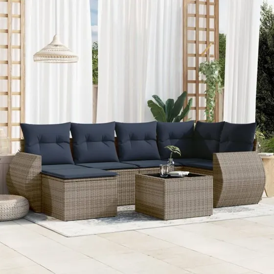 vidaXL Havesofasæt 7 dele grå polyrattan med marineblå hynder