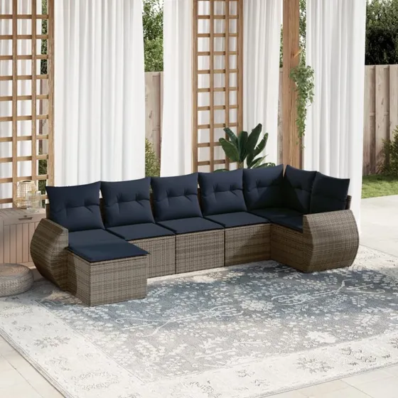 vidaXL Havesofasæt 7 dele grå polyrattan med marineblå hynder