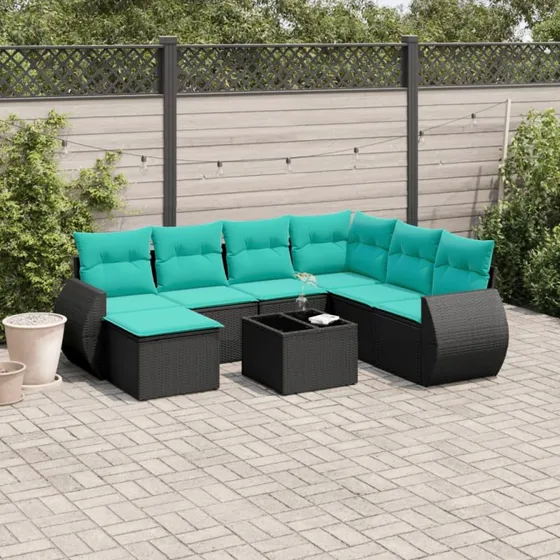 vidaXL 8-delt havesofasæt sort polyrattan med blå hynder