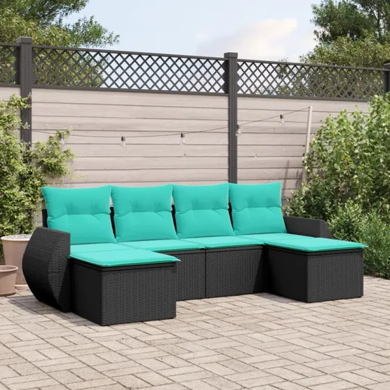 vidaXL havesofasæt 6-personer sort polyrattan med blå hynder