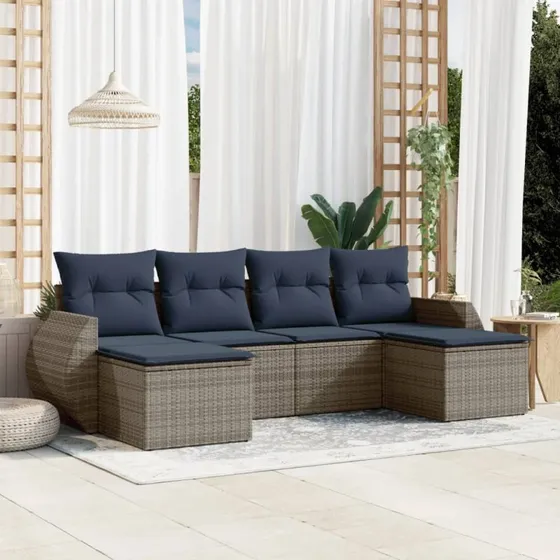 vidaXL Havesofasæt 6 dele grå polyrattan med hynder